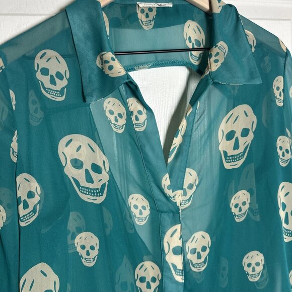 Honey Punch Large Skull Long Sleeve Teal Green Y2K Aria Top Office Halloween - Picture 6 of 11